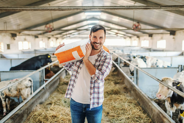 młody uśmiechnięty atrakcyjny biały rolnik stojący w stodole z workiem ze zwierzęcym jedzeniem na ramieniu i patrzący w kamerę. - Zdjęcie, obraz