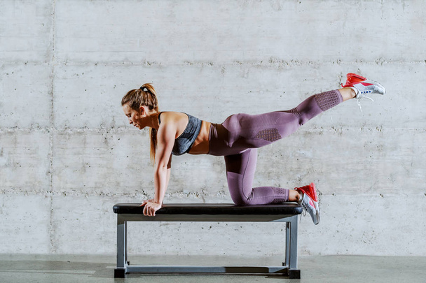 Young attractive caucasian fit sporty brunette in sportswear and ponytail doing cross over pulses on bench. Healthy lifestyle concept. - Photo, Image