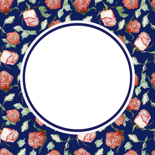 濃い青の背景の植物の上に春のフレームパターン水彩のバラの花 - 写真・画像