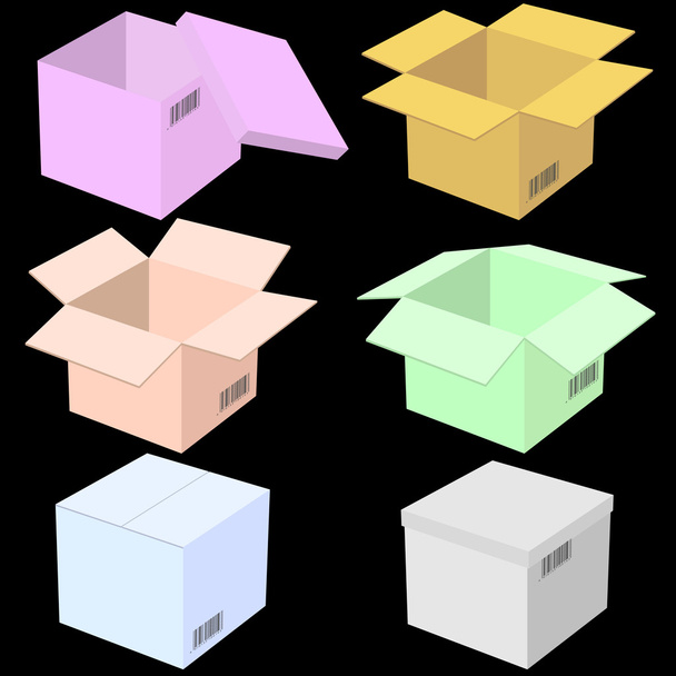 Six boxes, isolated on black background. Vector illustration. - Διάνυσμα, εικόνα