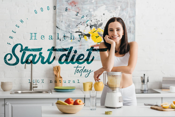 Slim sportswoman smiling at camera while preparing smoothie near measuring tape on kitchen table and start diet today illustration - Photo, Image