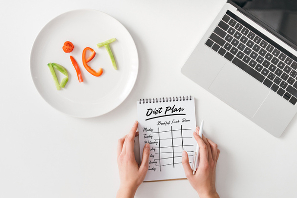 Top weergave van vrouw met pen en notebook met dieet plan in de buurt belettering dieet van groente plakken op plaat en laptop op witte achtergrond - Foto, afbeelding
