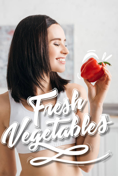 uśmiechnięta kobieta trzyma dojrzały papryka w pobliżu świeżych warzyw ilustracja - Zdjęcie, obraz