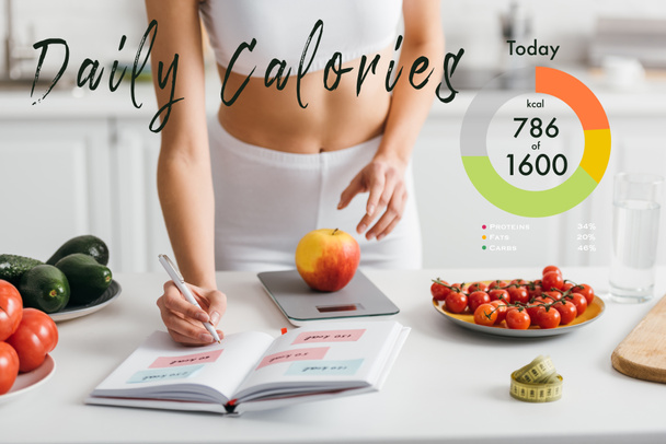 Vista cortada de esportista ajuste escrever calorias enquanto pesa maçã na mesa da cozinha, calorias diárias ilustração
 - Foto, Imagem