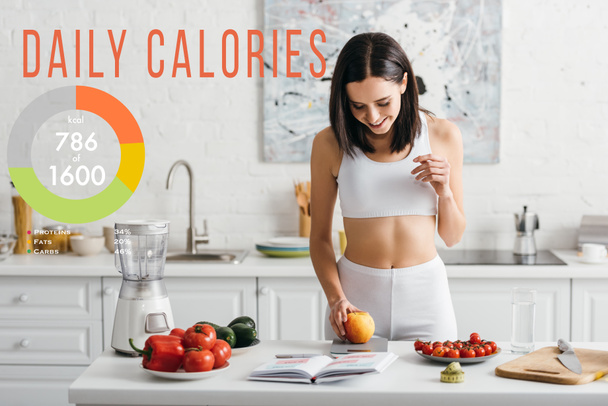 sportiva in forma che pesa cibo sul tavolo della cucina, illustrazione delle calorie giornaliere
 - Foto, immagini