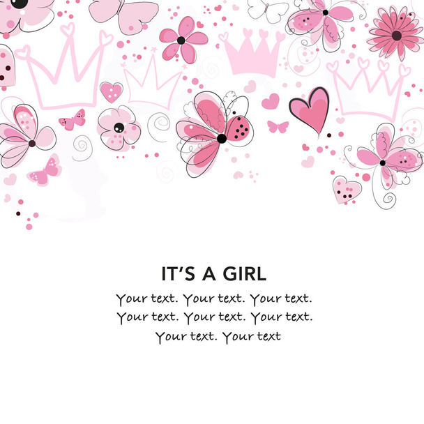 It's a girl. Baby shower greeting card with crown, heart, abstract flowers and dots greeting card. Baby first birthday, t-shirt, baby shower, baby gender reveal party design element vector - Vector, afbeelding