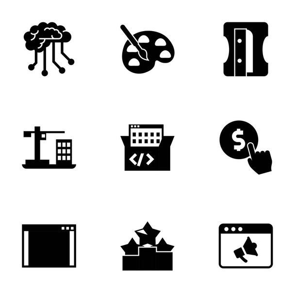 9 einfach gefüllte Symbole auf weißem Hintergrund. Symbolset mit Deep Learning, Malerei, Spitzer, Konstruktion, Game-based Learning, Kosten pro Klick, Software, Ranking-Symbole. - Vektor, Bild