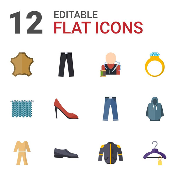 12 fashion flat icons set isolated on white background. Icons set with leather, trousers, tailor, Knitting, woman shoes, diamond ring, pyjamas, Man shoes, jacket, Clothes icons. - Vektör, Görsel