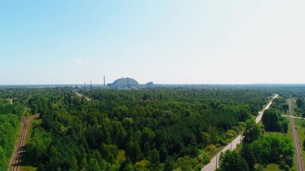 Aerial view panorama of roads and railway near Chernobyl nuclear power plant - Footage, Video