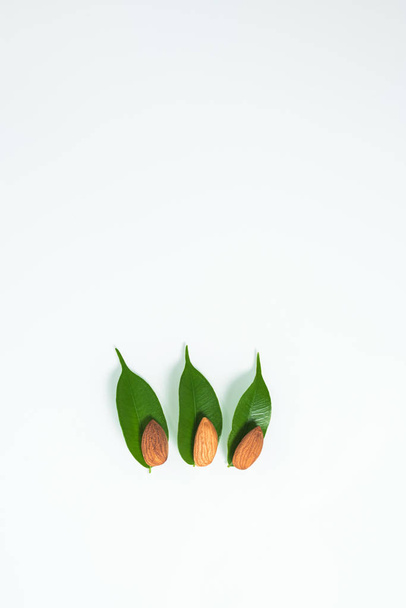 amandes et feuilles vertes isolées sur fond blanc. composition du ressort, vue de dessus. noix nutritive, une alimentation saine. espace pour le texte
 - Photo, image