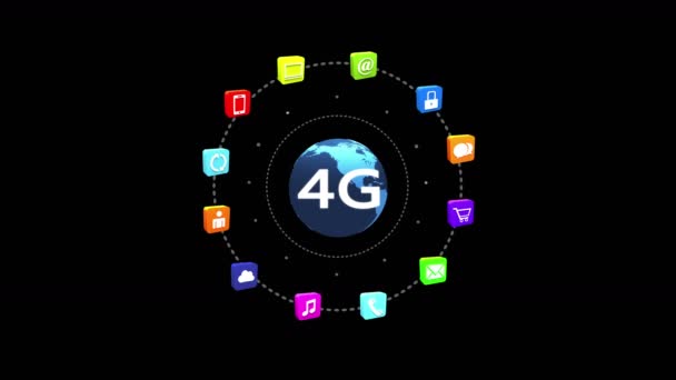 Símbolo 4k 4G, concepto, iconos de servicios en línea, redes sociales alrededor de la tierra giratoria
. - Metraje, vídeo