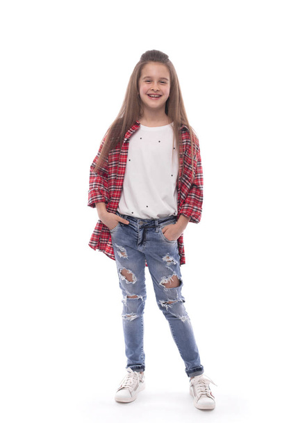 Full length portrait  of a young smiling girl  stands with her h - Foto, Bild