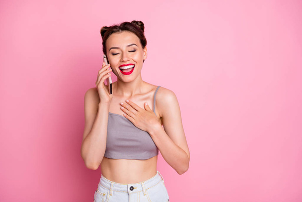Portrait of funky girl have smartphone call speak with friend hear joke laugh enjoy summer free time wear casual style clothing isolated over pink color background - Photo, Image