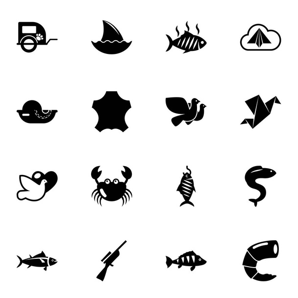 16 кольорових ікон, виділених на білому тлі. Ікони з причіпним трейлером, акулами, смаженою рибою, морепродуктами, шкірою, голубом, крабом, Орігамі, тунцем, іконами для полювання.. - Вектор, зображення