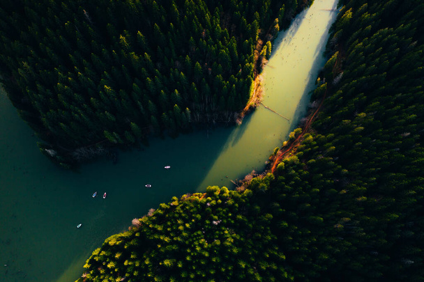 Lake with small boats seen from a drone  - Fotoğraf, Görsel