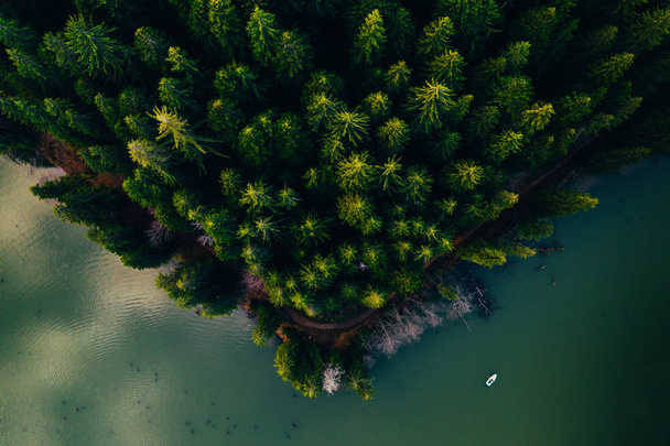 Lake with small boats seen from a drone  - Foto, afbeelding