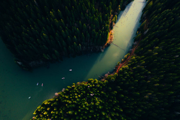 Lake with small boats seen from a drone  - Foto, imagen