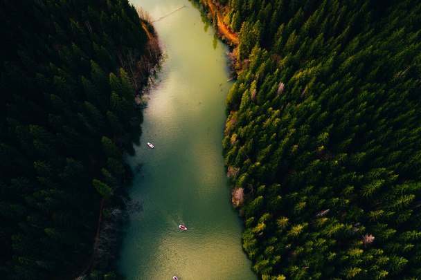 Lake with small boats seen from a drone  - Fotografie, Obrázek