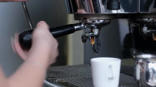 Full process of making coffee on professional coffee machine. Barista preparing double espresso, pouring it in cup. - Footage, Video