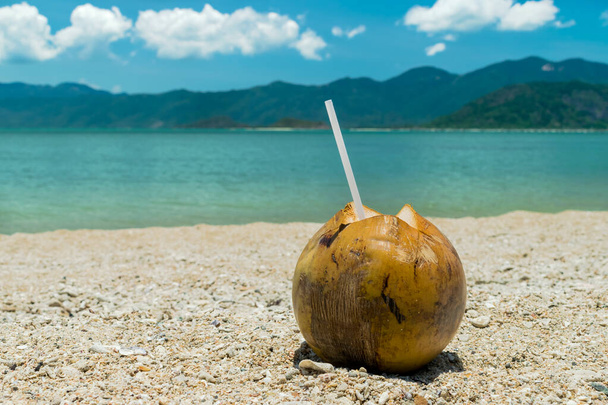 Big coconut with drinking straw on sand on beach in tropics on vacation - Photo, image