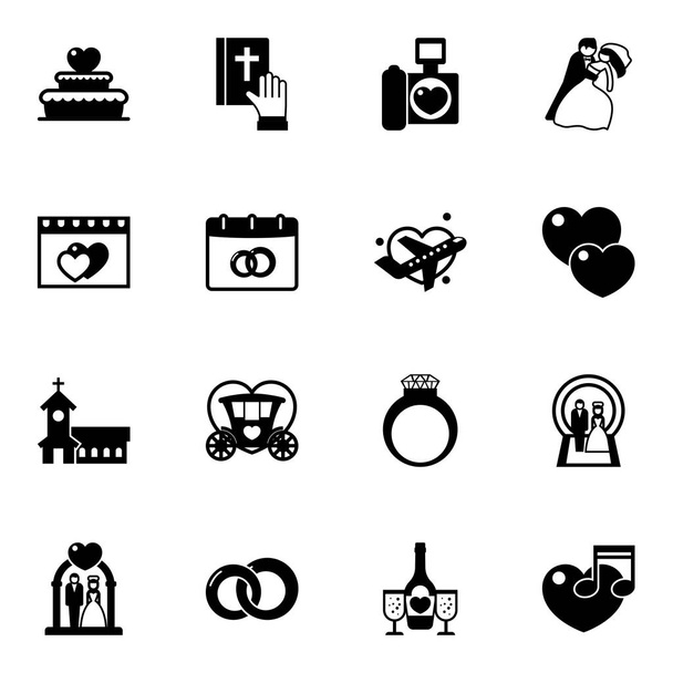 16 wedding filled icons set isolated on white background. Icons set with wedding cake, vow, wedding photography, dating, date, Honeymoon, church, Brougham, dance icons. - Vector, Image