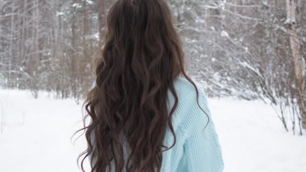 Elegante joven mujer caminando hacia el bosque de invierno
 - Metraje, vídeo