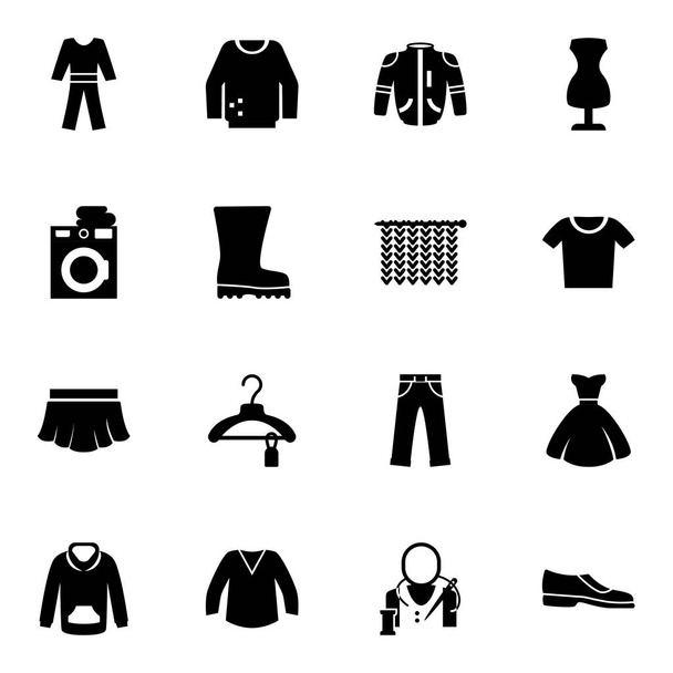 16 іконок, заповнених одягом, ізольовані на білому тлі. Ікони комплект з піжамами, джемпером, курткою, Послуги прання, Гумові чоботи, В'язання, спідниця, Одяг, шиття ікон
. - Вектор, зображення