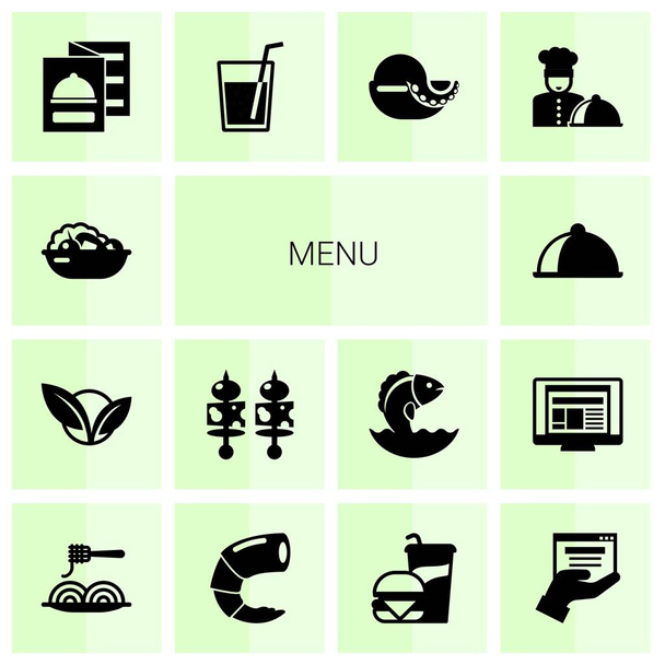 14 icônes remplies de menu définies isolées sur fond blanc. Icônes ensemble avec Salade, végétarien, entrées, plat principal, menu du restaurant, boissons, soupe de fruits de mer, plat de chefs, Pâtes, icônes de crevettes
. - Vecteur, image