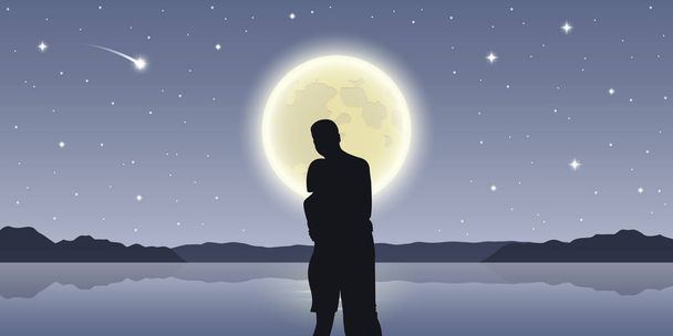 романтическая ночь влюбленная пара на берегу моря с полной луной и падающими звездами
 - Вектор,изображение