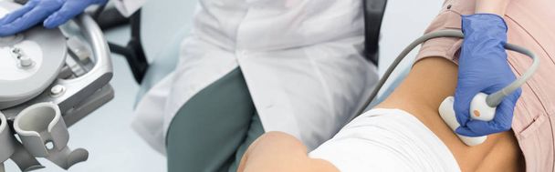 panoramisch schot van arts onderzoeken nier van vrouwelijke patiënt met echografie scan - Foto, afbeelding