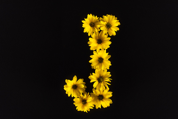 top view of yellow daisies arranged in letter J isolated on black - Φωτογραφία, εικόνα