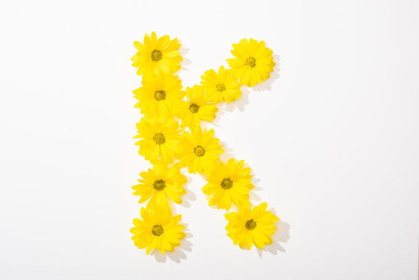 Ansicht von oben von gelben Gänseblümchen in Buchstaben K auf weißem Hintergrund angeordnet - Foto, Bild