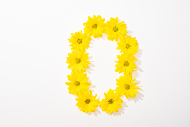 top view of yellow daisies arranged in letter O on white background - Foto, Imagen
