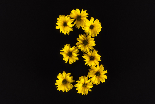 top view of yellow daisies arranged in number 3 isolated on black - Valokuva, kuva