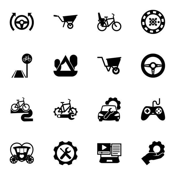 16 kol vyplněné ikony nastavit izolované na bílém pozadí. Sada ikon s autopilotem, kolečkem, dětskou sedačkou, jízdním pruhem na kole, kempem, kolečkem, cykloturistikou, ikonami opravy kol. - Vektor, obrázek
