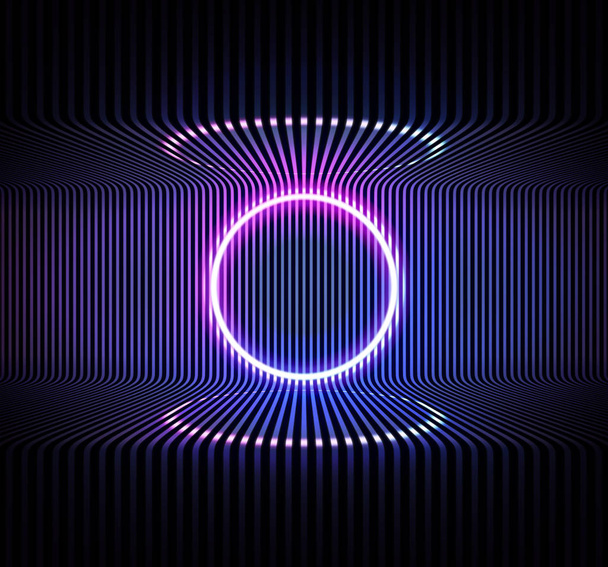 Neon color geometric circle on metal stripe pattern background. . Round mystical portal, luminous line, neon sign. Reflection of blue and pink neon light on the floor. Vector. - Vector, Image