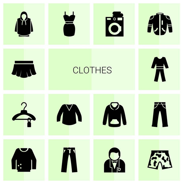 14 clothes filled icons set isolated on white background. Icons set with skirt, Clothes, blouse, pyjamas, hoodie, dress, Laundry service, jacket, jumper, trousers, groom icons. - Vector, Image