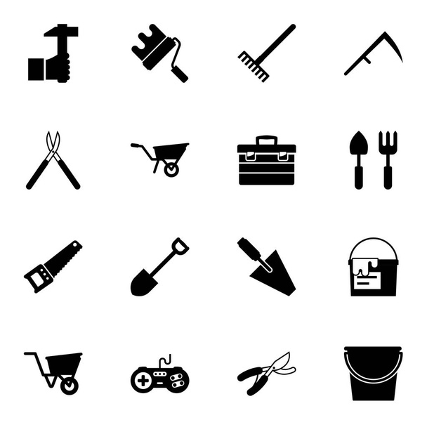 16 handle filled icons set isolated on white background. Icons set with Handicraft, paint roller, Rake, Gardening scissors, Wheelbarrow, toolbox, Hand saw, Shovel, Scythe icons. - Vector, Image