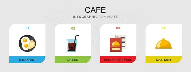 4 kávézó lapos ikonok meghatározott elszigetelt infografikai sablon. Ikonok készlet reggelivel, italok, éttermi menü, főétel ikonok. - Vektor, kép
