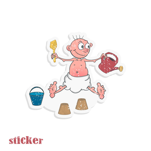 Un bambino dei cartoni animati in un pannolino gioca con un set di sabbia. Illustrazione vettoriale sotto forma di adesivo in stile retrò
. - Vettoriali, immagini