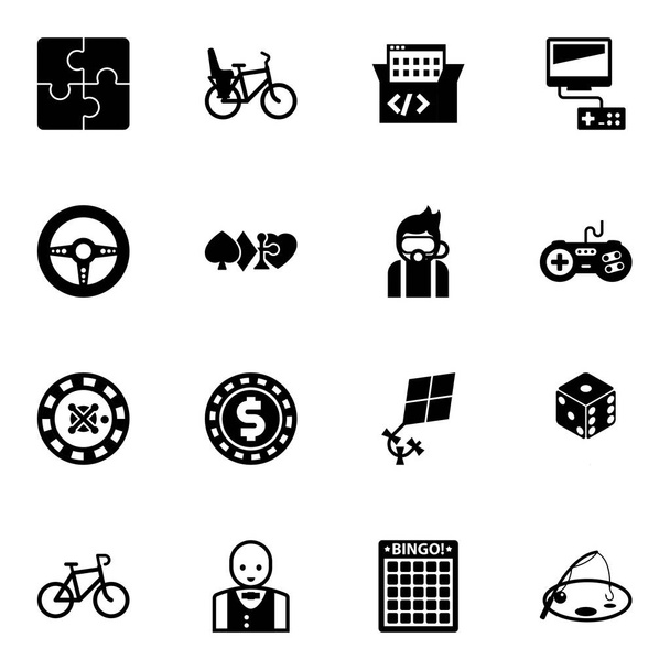 16 ікон, заповнених дозвіллям, виділені на білому тлі. Icons set with Puzzle, Bike Child seat, Game-based Learning, Race game, gambling, Diving, roulette, casino Chip icons. - Вектор, зображення