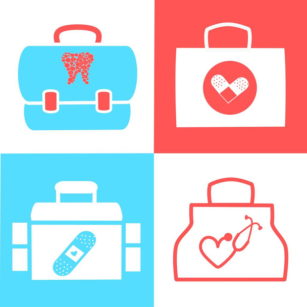 First aid kit medicine cartoon style isolated. Doctor's first-aid kit in cartoon style. Medicine chest vector illustration. Study Medicine Doctor's Kit With Bag. Pharmacy. Medical Kit icon vector set - Vector, Image