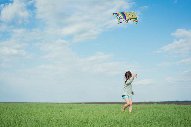 Alegre niña corre y jugar con una cometa en un campo verde
 - Foto, imagen