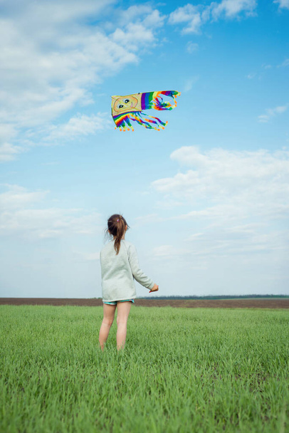 Little girl playing with a kite on a green field - Valokuva, kuva