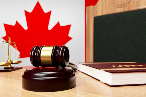 Primo piano del martello di un giudice e un libro con l'iscrizione Legge su un tavolo di legno sullo sfondo della bandiera canadese, il concetto di legislazione canadese.
. - Foto, immagini