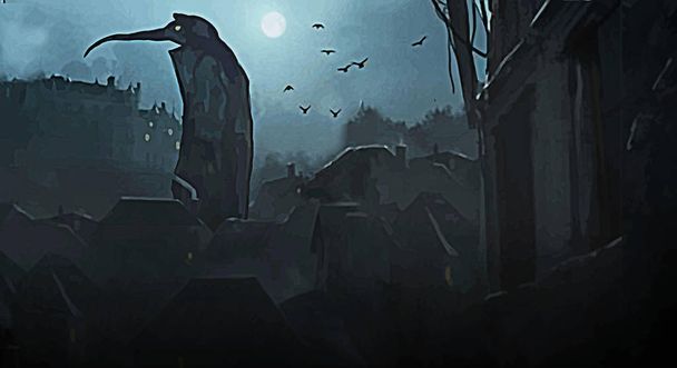 Plague doctor at night in the city. A huge monster in the city, atmospheric scary background. Death in a medieval city, moon at night gothic style - Photo, Image