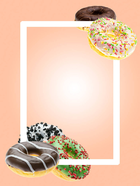 Delicious pastry breakfast. Flying cookie with Frame for text. Round sweet doughnuts in motion flying on pink background - Photo, Image