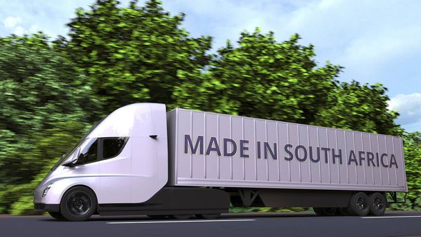 Camión semirremolque eléctrico moderno con texto MADE IN SOUTH AFRICA en el lateral. renderizado 3D relacionado con la importación o exportación
 - Foto, imagen