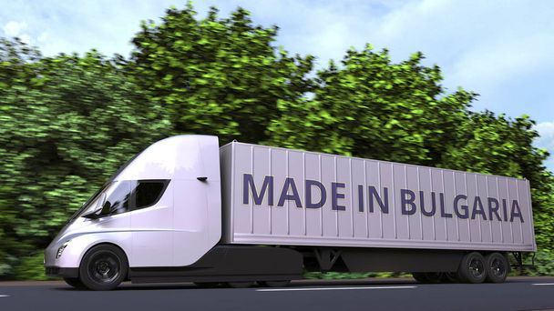 Camión remolque con texto MADE IN BULGARIA en el lateral. Representación 3D relacionada con la importación o exportación de Bulgaria
 - Foto, Imagen