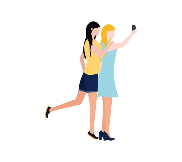 Dwie dziewczyny robią sobie selfie. Zdjęcie w telefonie. - Wektor, obraz